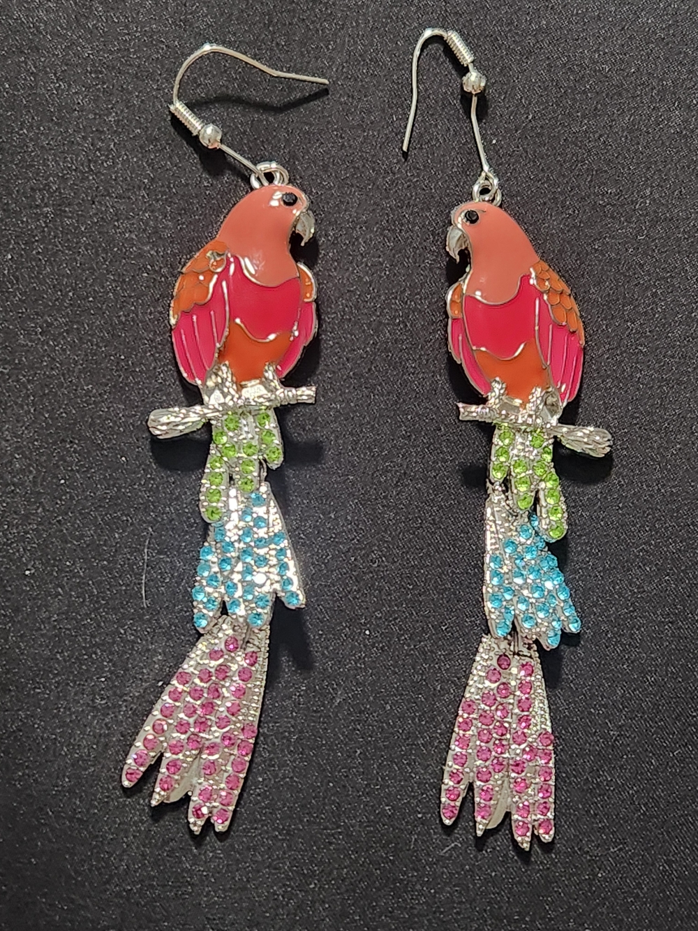 Colorful Parrot Drop Earrings - Pink & Orange Bird Design